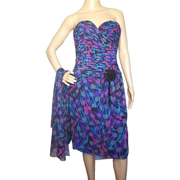 Vintage A J Bari Vibrant Knee Length Strapless Dress with Scarf Size 10      T44 - Picture 3 of 12